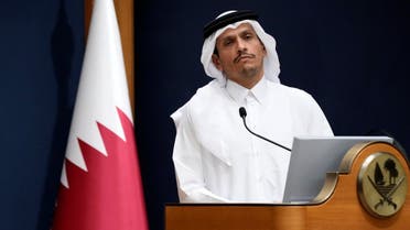 Qatar's Prime Minister and Foreign Minister Mohammed bin Abdulrahman Al Thani listens a question with U.S. Secretary of State Antony Blinken in Doha, Qatar, Friday Oct. 13, 2023. (AP)