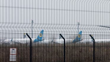  Parked planes are seen at Boryspil International Airport after Russia invaded Ukraine on February 24, 2022. (Reuters)