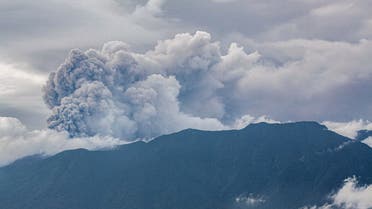 Volcanic ash spews from Mount Marapi during an eruption as seen from Tanah Datar in West Sumatra on December 3, 2023. (AFP)