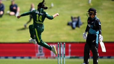 Pakistani bowler Fatima Sana celebrates after taking a wicket in Pakistan vs New Zealand T20I match at Dunedin on December 5, 2023. (Pakistan Cricket Board)