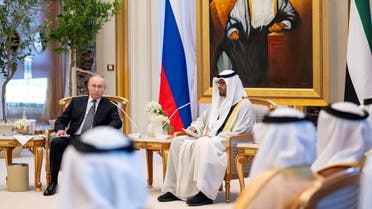 Sheikh Mohamed bin Zayed Al Nahyan, President of the United Arab Emirates, meets with Vladimir Putin, President of Russia, during a state visit reception, at Qasr Al Watan in Abu Dhabi, United Arab Emirates, on December 6, 2023. (Reuters)