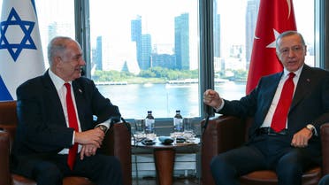 This handout photograph taken by Turkish Presidency press of-fice on September 19, 2023, shows Turkey's President Recep Tayyip Erdogan (R) meeting with Israel's Prime Minister Benja-min Netanyahu (L) on the sideline of 78th United Nations General Assembly at UN headquarters in New York City. (AFP)