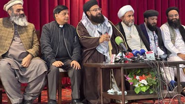 Pakistani Prime Minister’s special envoy to the Middle East, Tahir Mahmood Ashrafi (center) addresses the Palestine Solidarity Conference in Islamabad, Pakistan on December 7, 2023. (AN photo)