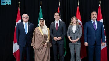 Palestinian Foreign Minister Riyad al-Maliki, Saudi Foreign Minister Prince Faisal bin Farhan (L) and Turkey’s Foreign Minister Hakan Fidan (R), meet with Canadian Prime Minister Justin Trudeau and Canadian Foreign Minister Melanie Joly. (SPA)