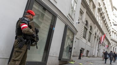 A member of the Austrian military police stands guard next to Vienna's main synagogue after a terrorist attack in Vienna, Austria, on November 4, 2020. (AFP)
