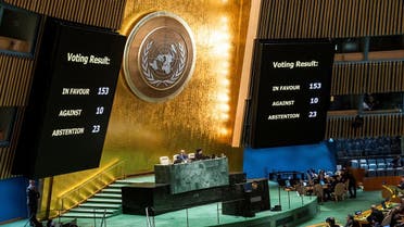 A screen shows the voting results during the meeting of the United Nations General Assembly on ceasefire resolution, amid the ongoing conflict between Israel and Hamas, in New York City, US, December 12, 2023. REUTERS/Eduardo Munoz