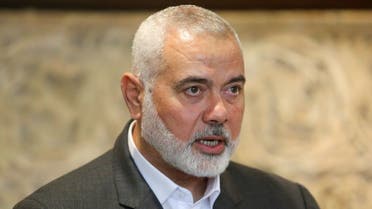 Palestinian group Hamas’ top leader, Ismail Haniyeh, talks after meeting with Lebanon’s parliament speaker in Beirut, Lebanon, June 28, 2021. (Reuters)