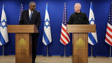 US Secretary of Defense Lloyd Austin and Israeli Defense Minister Yoav Gallant hold a joint press conference at Israel’s Ministry of Defense in Tel Aviv, Israel, December 18, 2023. (Reuters)