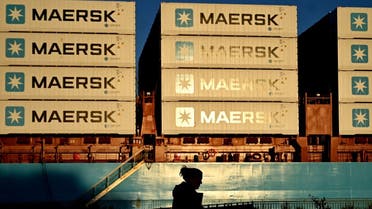Containers of Danish shipping and logistics company Maersk are seen in Copenhagen, Denmark, on September 14, 2023. (AFP)