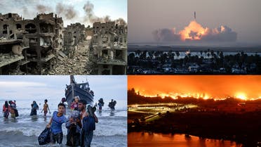 (Combination image seen from top-left to right, then bottom-left to right) This picture taken on October 11, 2023 shows an aerial view of buildings destroyed by Israeli air strikes in the Jabalia camp for Palestinian refugees in Gaza City (AFP) + SpaceX's Starship rocket launches from Starbase during its second test flight in Boca Chica, Texas, on November 18, 2023 (AFP) + Ethnic Rohingya disembark from their boat upon landing in Ulee Madon, North Aceh, Indonesia, Thursday, Nov. 16, 2023 (AP) + A long exposure image shows the Eagle Bluffs Wildfire, which crossed the border from the US state of Washington, and prompted evacuation orders in Osoyoos, British Columbia, Canada, July 30, 2023 (Reuters)