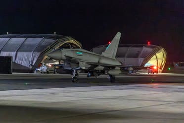 In this image provided on Friday Jan. 12, 2024 by the UK Ministry of Defence an RAF Typhoon aircraft returns to base at RAF Akrotiri in Cyprus, after striking targets in Yemen. (AP)