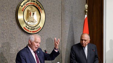 High Representative of the European Union for Foreign Affairs and Security Policy Josep Borrell speaks during a joint press conference with Egypt's Foreign Minister Sameh Shoukry (R) following their meeting, in Cairo on June 18, 2023. (Photo by Khaled DESOUKI / AFP)