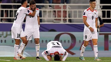Palestine’s Oday Dabbagh celebrates scoring his team’s third goal vs Hong Kong in the Asian Cup at Abdullah bin Khalifa Stadium, Doha, Qatar, January 23, 2024. (Reuters)