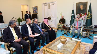 Caretaker Pakistan Prime Minister Anwaar-ul-Haq Kakar gestures during a meeting with Sheikh Abdulaziz Hamad Al-Jomaih, head of Al-Jomaih Holding Group, in Islamabad on January 25, 2024. (Photo courtesy: PMO)