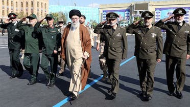 A handout picture provided by the office of Iran’s Supreme Leader Ali Khamenei shows him (C) arriving at a joint graduation ceremony for cadets from armed forces academies in the Iranian capital Tehran on October 10, 2023. (AFP)
