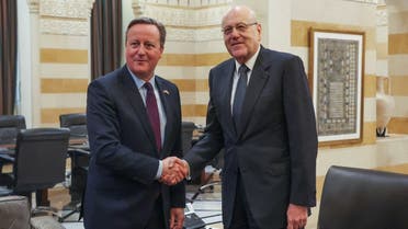 Lebanon's caretaker Prime Minister Najib Mikati shakes hands with British Foreign Secretary David Cameron in Beirut, Lebanon February 1, 2024. REUTERS/Mohamed Azakir