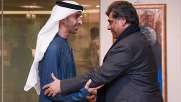 Pakistan’s minister for interior and commerce, Dr. Gohar Ejaz (right), welcomes UAE’s minister of state for foreign trade, Dr. Thani bin Ahmed Al Zeyoudi, in Islamabad, Pakistan, on February 2, 2024. (Radio Pakistan)