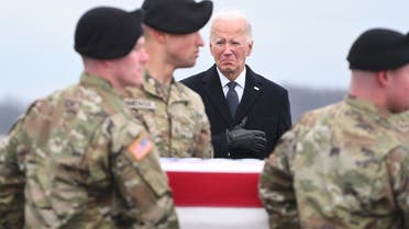 US President Joe Biden attends the dignified transfer of the remains of three US service members killed in the drone attack in Jordan, at Dover Air Force Base, Feb. 2, 2024. (AFP)