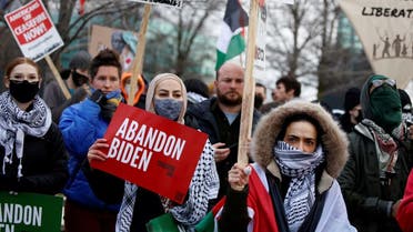Protestors rally for a ceasefire in Gaza outside a UAW union hall during a visit by US President Joe Biden in Warren, Michigan, US, Feb. 1, 2024. (Reuters)