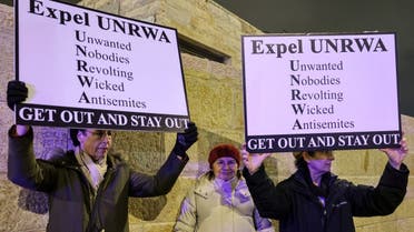 Israeli right-wing activists gather for a protest outside the West Bank field office of the United Nations Relief and Works Agency for Palestine Refugees (UNRWA) in Jerusalem on February 5, 2024. (AFP)