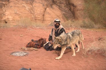 A cast member of the Within Sand movie with a wofl in NEOM, Saudi Arabia. (Supplied)