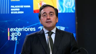 Spain’s Minister of Foreign Affairs Jose Manuel Albares gives a joint press conference with the head of the UN Palestinian refugee aid agency (UNRWA) in Madrid on March 7, 2024. (AFP)