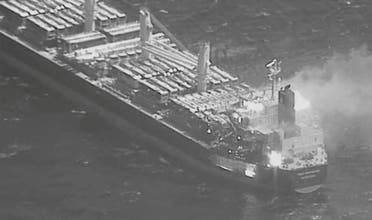 An aerial view of the Barbados-flagged ship True Confidence ablaze following a Houthi missile attack at sea, March 6, 2024, in this handout photo. (Reuters)