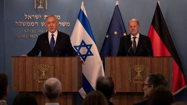 Israeli Prime Minister Benjamin Netanyahu delivers his speech after a meeting with German Chancellor Olaf Scholz in Jerusalem, March 17, 2024. (Reuters)