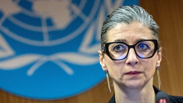 Francesca Albanese, UN special rapporteur on human rights in the Palestinian territories, attends a side event during the Human Rights Council at the United Nations in Geneva, Switzerland, March 26, 2024. (Reuters)