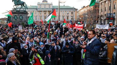 Protestors take part in a demonstration organized by 'Together for Palestine' to demand ceasefire and exclude Israel from the Eurovision Song Contest, in Stockholm, Sweden, February 17, 2024. (Reuters)