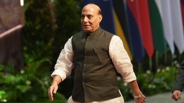 India's Defense Minister Rajnath Singh arrives to attend the Association of Southeast Asian Nations (ASEAN) Defense Ministers' Meeting Plus in Jakarta, Indonesia, Thursday, Nov. 16, 2023. (AP Photo/Tatan Syuflana, Pool)