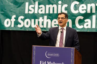 President and co-founder of the Muslim Public Affairs Council, Salam Al-Marayati, addresses American Muslims after a prayer, encouraging them to register to vote after thousands gathered to mark the end of the holy month of Ramadan at Petree Hall in Los Angeles Convention Center in Los Angeles Wednesday, April 10, 2024. (AP)