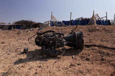 The remains of a rocket booster that, according to Israeli authorities critically injured a 7-year-old girl, after Iran launched drones and missiles towards Israel, near Arad, Israel, April 14, 2024. (Reuters)