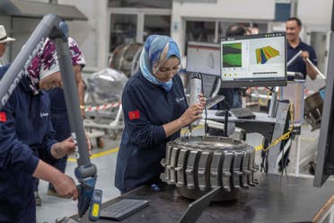 Women workers repair aircraft parts inside Safran Aircraft Engines repair plant outside of Casablanca, Morocco, Thursday, April 18, 2024. (AP)