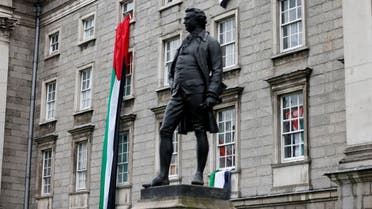 Palestinian flags hang on the front of the Trinity College, which is currently closed due to a protest by students in support of Palestinians in Gaza, amidst the ongoing conflict between Israel and the Palestinian militia group Hamas, in Dublin, Ireland, May 6, 2024. (AFP)