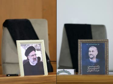 This combination of pictures shows handout photos released by the Iranian presidency on May 20, 2024 of the empty seats of Iran’s late President Ebrahim Raisi (L) and foreign minister Hossein Amir-Abdollahian during a cabinet meeting held in Tehran the same day, following a plane crash in which they were both killed the previous day. (Via AFP)
