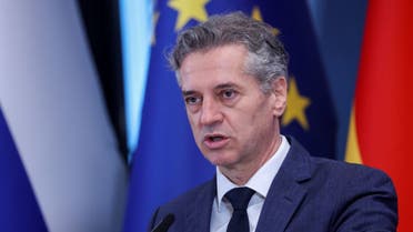 El primer ministro de Eslovenia, Robert Golob, habla durante una conferencia de prensa con el canciller de Alemania en Brdo pri Kranju, Eslovenia, el 26 de marzo de 2024. (Reuters)