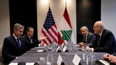 U.S. Secretary of State Antony Blinken meets with Lebanese Caretaker Prime Minister Najib Azmi Mikati, as Rami Mortada, Lebanese Ambassador to Britain and U.S. Special Envoy James Rubin attend in London, Britain, October 25, 2024. REUTERS/Nathan Howard/Pool TPX IMAGES OF THE DAY