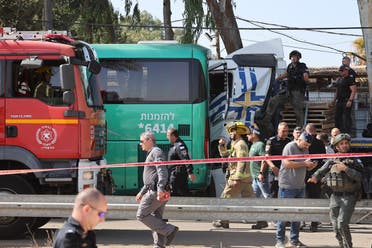 Israeli police secure the site of a ramming attack in Glilot, north of Tel Aviv on October 27, 2024. The Israeli emergency service and police said a truck rammed into a bus stop north of the commercial hub Tel Aviv, injuring dozens of people. (AFP)