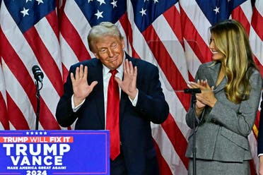 Donald Trump gestures after speaking during an election night event at the West Palm Beach Convention Center in West Palm Beach, Florida, on November 6, 2024. (AFP)