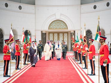 Kuwait’s Emir Sheik Meshal al-Ahmad al-Sabah receives Saudi Crown Prince Mohammed bin Salman ahead of the 45th Gulf Cooperation Council (GCC) Summit in Kuwait city, Kuwait, on December 1, 2024. (Reuters)