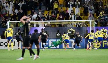 Al Sadd's Adam Ounas scores their second goal from the penalty spot, Al Awwal Park, Riyadh, Saudi Arabia, December 2, 2024. (Reuters)