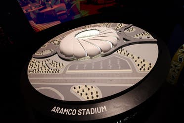 A model of the proposed Aramco Stadium is seen inside the Saudi Arabia World Cup bid exhibition. (Reuters)