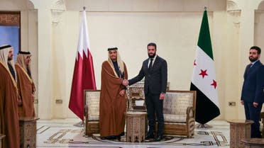 Qatar’s Prime Minister and Foreign Minister Sheikh Mohammed bin Abdulrahman Al Thani meets with Syria’s de facto leader Ahmed al-Sharaa in Damascus, Syria, January 16, 2025. (Via Reuters)