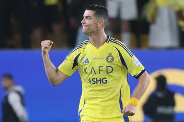 Nassr's Portuguese forward #7 Cristiano Ronaldo celebrates scoring his team's second goal during the Saudi Pro League football match between Al-Nassr and Al-Shabab at Al-Awwal Park in Riyadh on March 7, 2025. (AFP)