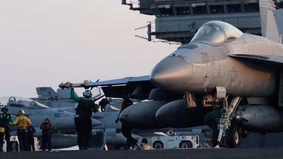 A fighter plane takes off, said to be, for an operation against the Yemen's Houthis at an unidentified location in this screengrab taken from a handout video released on March 18, 2025. US CENTCOM via X/Handout via REUTERS THIS IMAGE HAS BEEN SUPPLIED BY A THIRD PARTY. MANDATORY CREDIT.