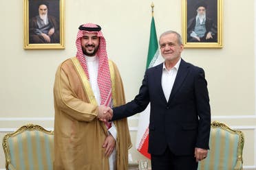 Iran’s President Masoud Pezeshkian meets with Saudi Arabia’s Defense Minister Prince Khalid bin Salman in Tehran on April 17, 2025. (Via AFP)