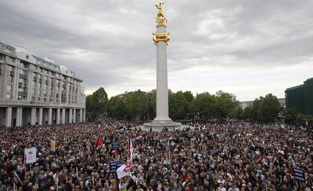 Apparently inspired by Arab world’s tumult, thousands of Georgians protest, demanding ouster of President Saakashvili